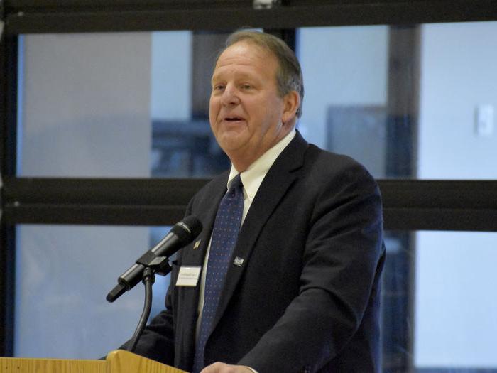 Donor Dave Spigelmyer speaks during the scholarship luncheon at the PAW Center.